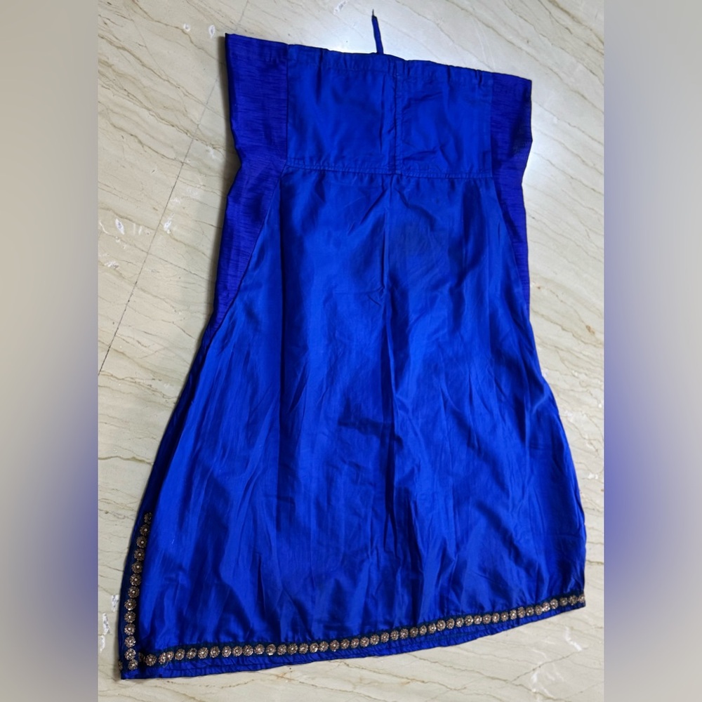 Elegant 100% Silk Blue Maxi Skirt with Gold Trim Lace and drawstring waist